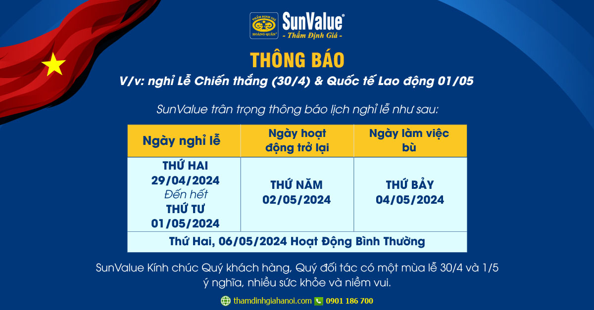 Thẩm định giá Hoàng Quân thông báo lịch nghỉ 30/ 4 & 1/5