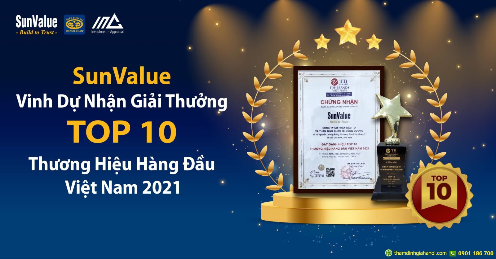 Thẩm định giá Sunvalue nhận giải thưởng TOP 10 Thương hiệu hàng đầu Việt Nam 2021