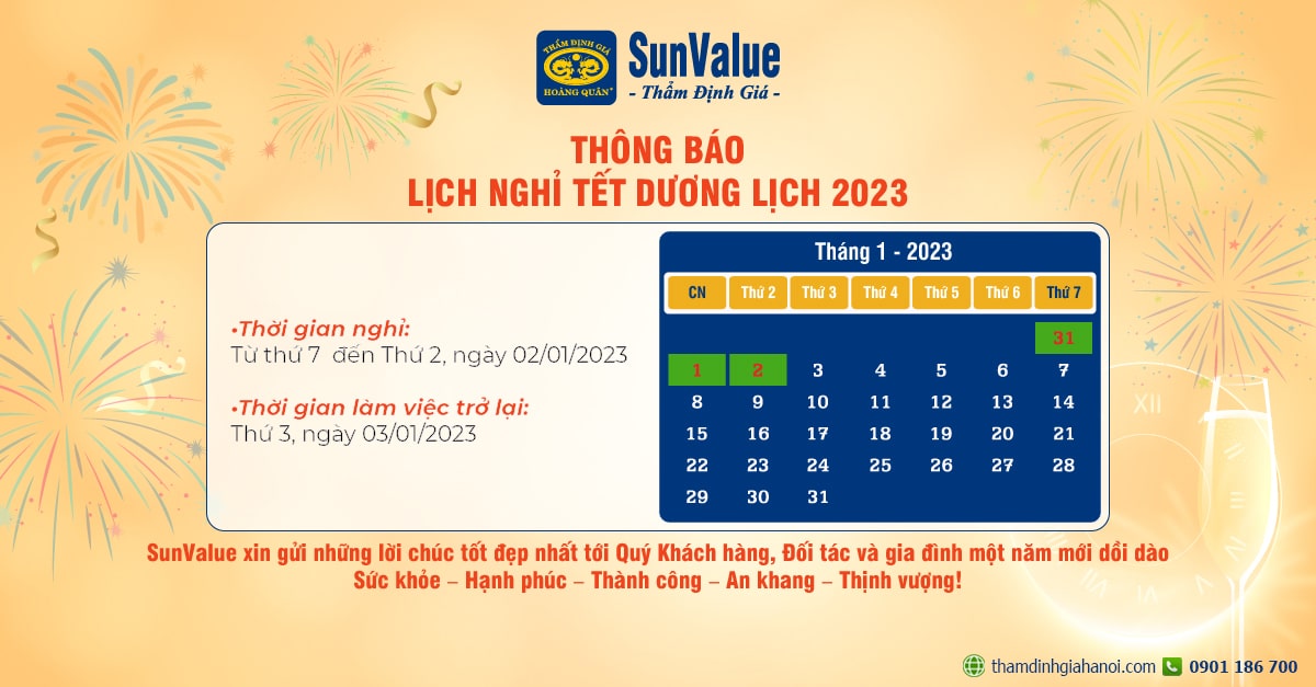 THẨM ĐỊNH GIÁ SUNVALUE THÔNG BÁO LỊCH NGHỈ TẾT DƯƠNG LỊCH 2023